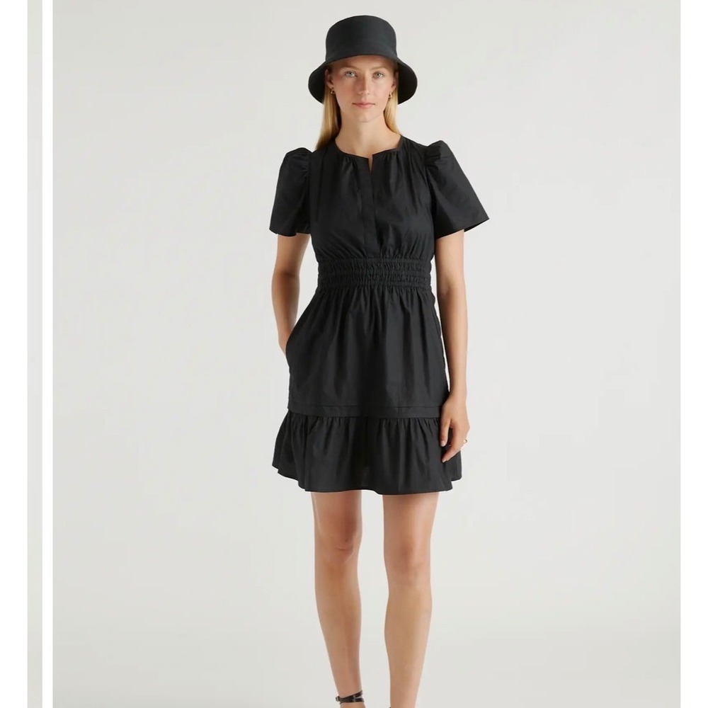 Quince Organic Cotton Poplin Tiered Mini Dress Black Short Sleeve Smocked M